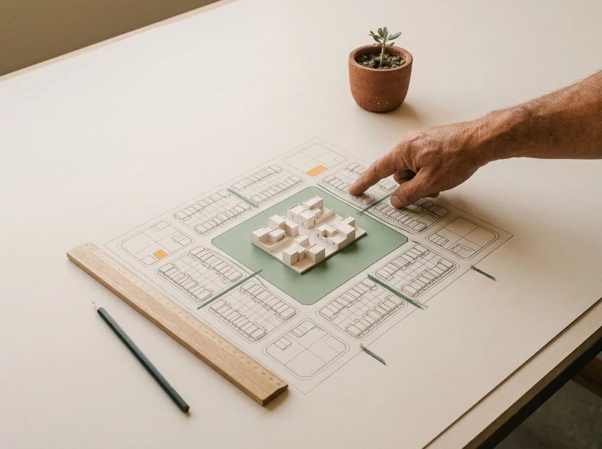 Mesa de trabajo de arquitectura: planos, escalímetro y una maqueta blanca.