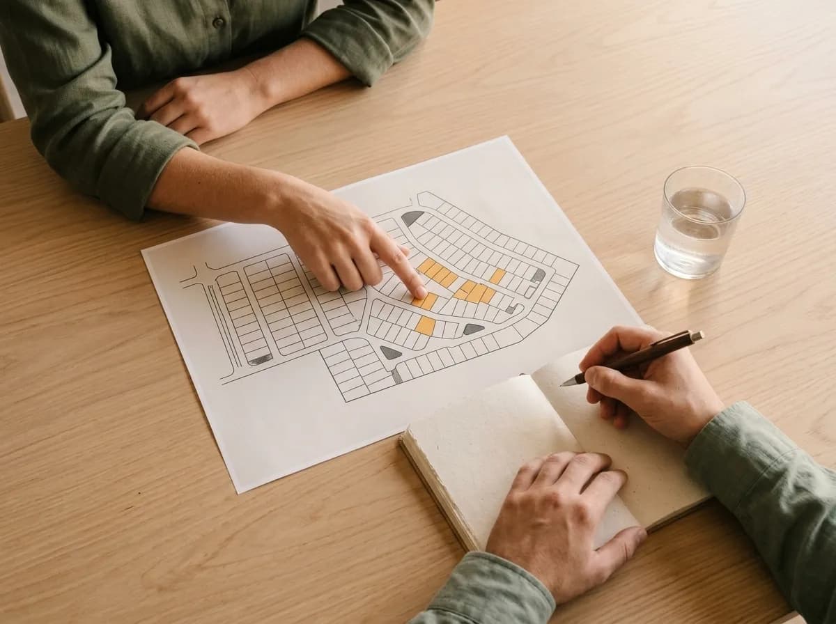 Asesoría sobre un plano de lotes en una mesa de madera.